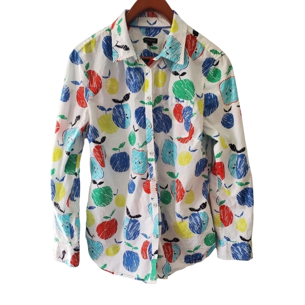 Talbots Vintage Brightly Multi Colored Apple Button Down Shirt Size Large